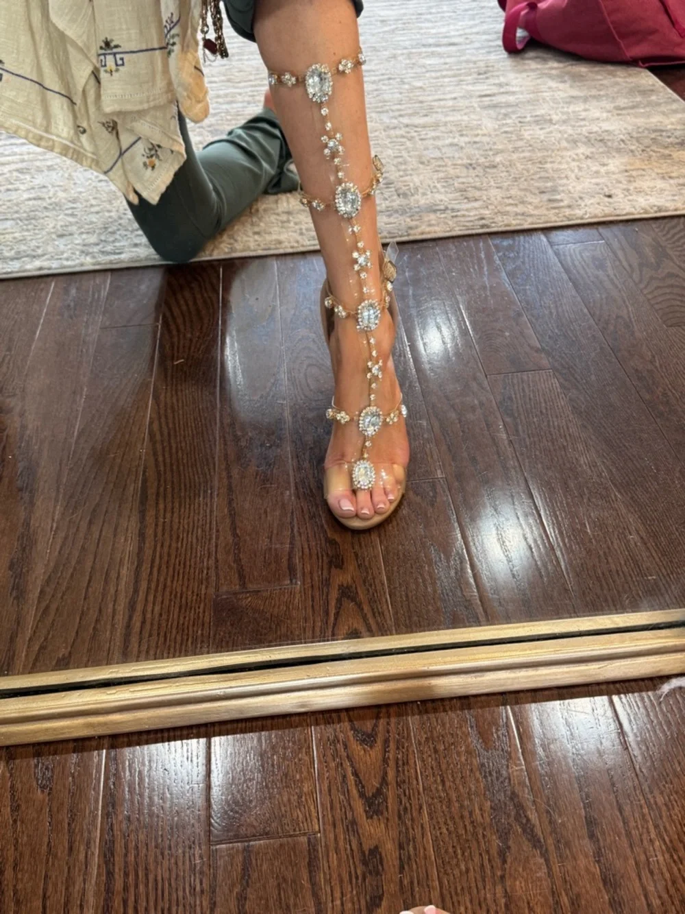 🤎💎 Crystal‎ Embellished Clear Gladiator Wedge Sandals - Nude